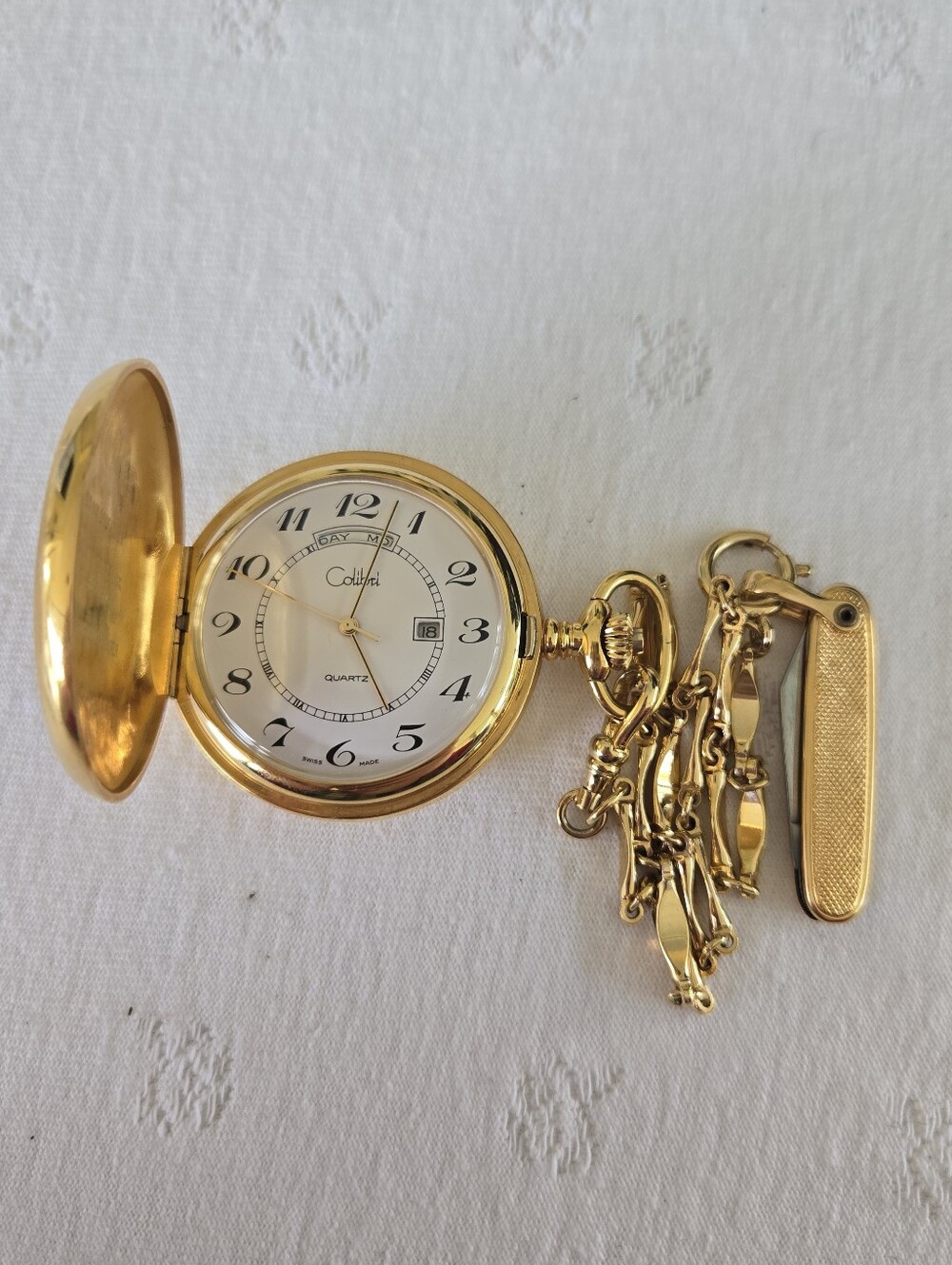 Vintagw Gold Pocket Watch with Chain and Knife by Colibri